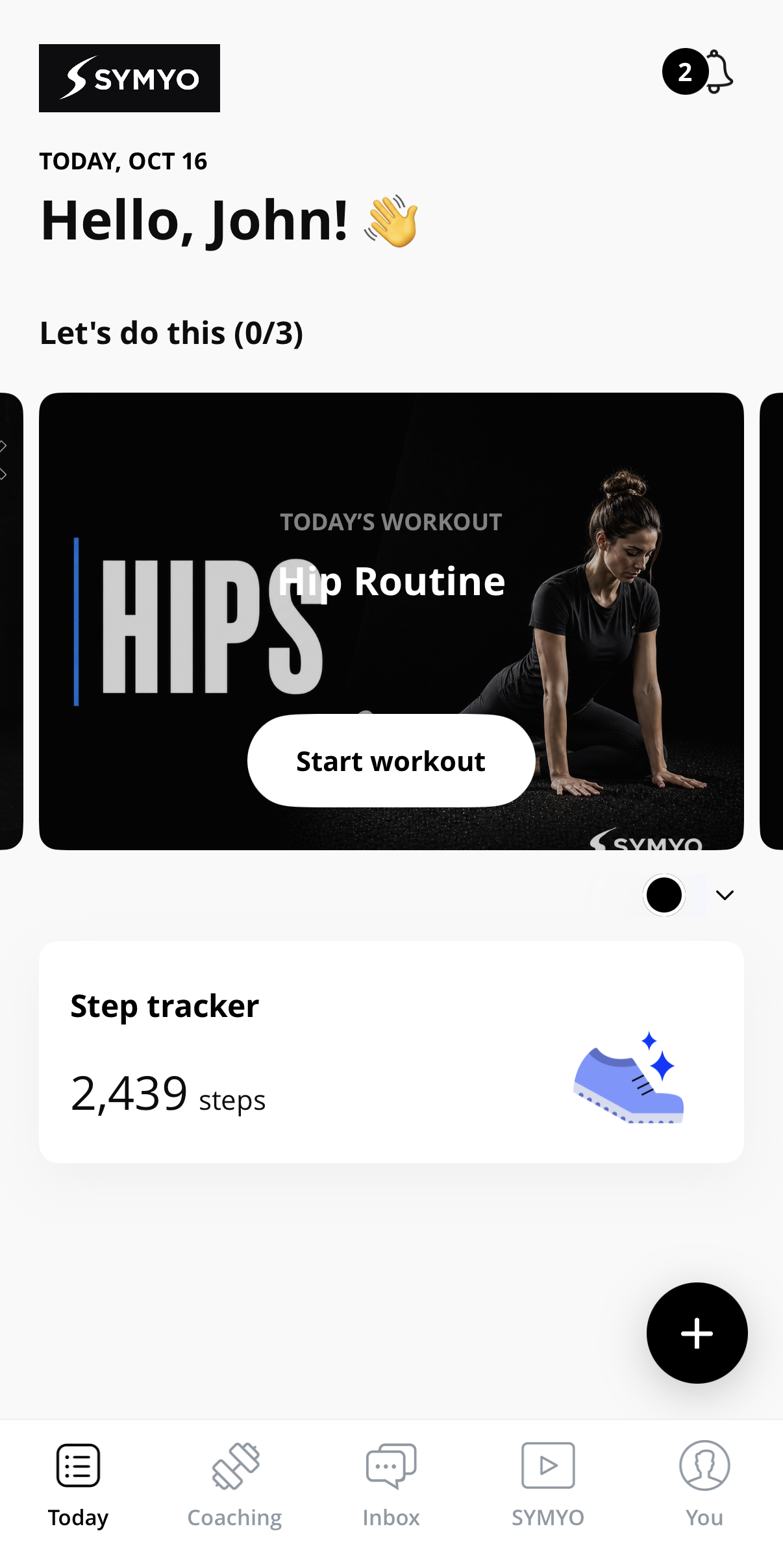 SYMYO app showing a personalized hip routine, workout access, and progress tracking